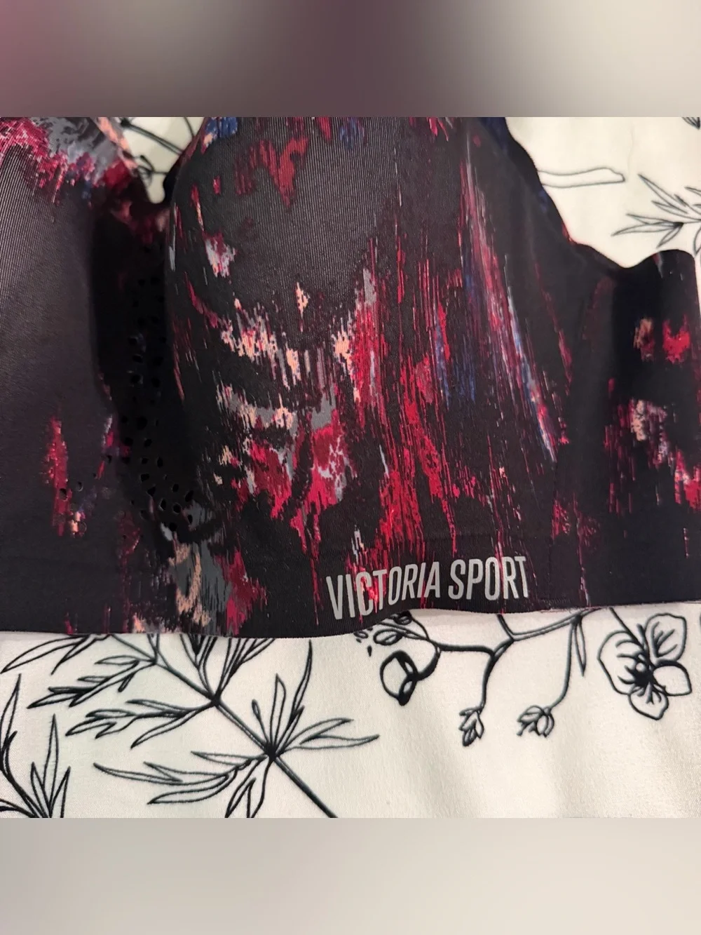 Victoria Sport Printed High-Support Sports Bra in Black with Pink & Blue Accents
